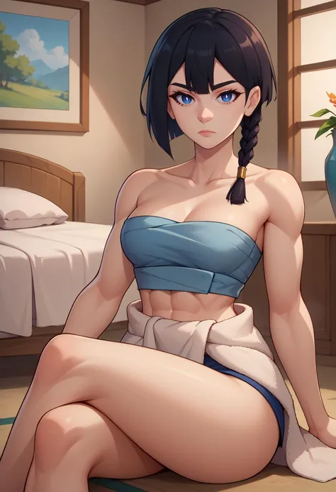 score_9, score_8_up, score_7_up, BREAK 1girl, solo, FVisions, blue eyes, white pupils, black hair, side braid, single braid, short hair, <lora:FVisionsPDXL_V1-Manityro-CAME:0.8>, indoors, bedroom,
looking at viewer, fit, expressionless, sitting on floor, crossed legs,
chest sarashi, strapless, midriff, towel around waist,