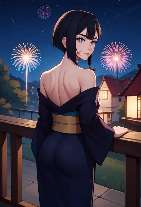 score_9, score_8_up, score_7_up, BREAK 1girl, solo, cheek scar, FVisions, blue eyes, white pupils, black hair, side braid, single braid, short hair, <lora:FVisionsPDXL_V1-Manityro-CAME:0.8>, outdoors, dark, night, fireworks, starry sky,
looking at viewer, looking back, rear view, leaning on railing,
black kimono, off shoulder, back,