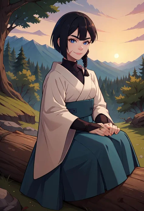 score_9, score_8_up, score_7_up, BREAK 1girl, solo, FVisions, blue eyes, white pupils, black hair, side braid, single braid, short hair, <lora:FVisionsPDXL_V1-Manityro-CAME:1.0>, outdoors, forest, sunset, cliffside, mountain, 
looking at viewer, smile, side view, sitting, log,
cheek scar, turtleneck, black bodysuit, hakama, hakama skirt, bridal gauntlets,