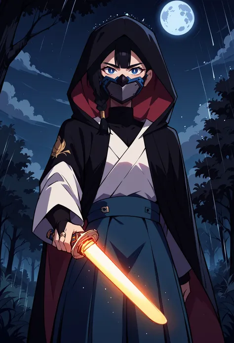 score_9, score_8_up,score_7_up, source_anime, dark,night,lineart, sketch,
BREAK
forest,rain,moon, 
BREAK
 striking, FVisions, blue eyes, white pupils, black hair, side braid, single braid, short hair, cheek scar, mask, covered mouth, hood, hooded cloak, turtleneck, black cloak, black bodysuit, hakama, hakama skirt, from below,
BREAK
bridal gauntlets, energy sword, holding katana, 
<lora:FVisionsPDXL_V1-Manityro-CAME:0.8>  <lora:Potat-lineart_sketch_v1-USENEG:-0.8>