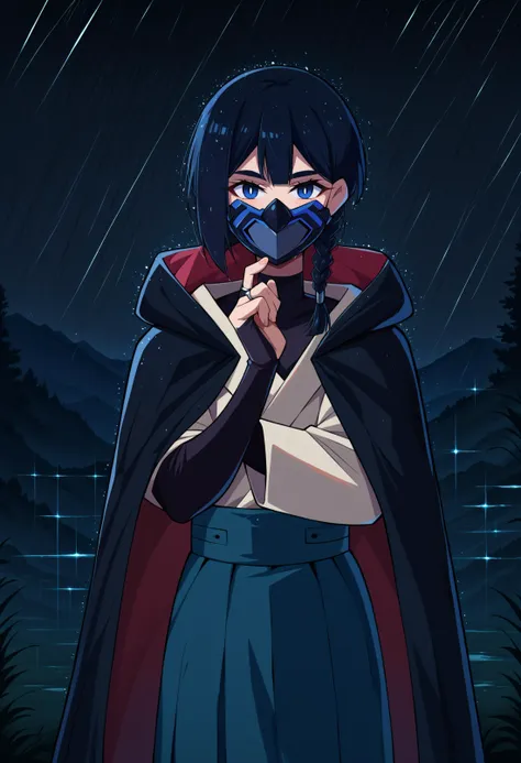 score_9, score_8_up, 1girl, solo, FVisions, blue eyes, white pupils, black hair, side braid, single braid, short hair, cheek scar, mask, covered mouth, hood, hooded cloak, turtleneck, black cloak, black bodysuit, hakama, hakama skirt, bridal gauntlets, night, dark environment, stars, rain, outdoors, mountains, <lora:FVisionsPDXL_V1-Manityro-CAME:1>