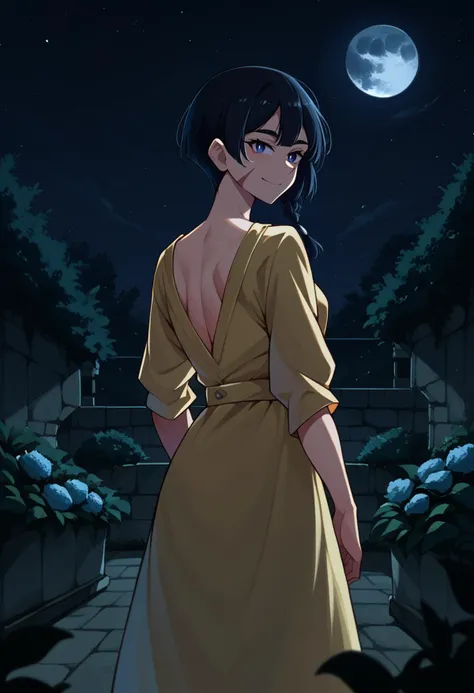 score_9, score_8_up, 1girl, solo, FVisions, blue eyes, white pupils, black hair, side braid, single braid, short hair, cheek scar, from behind, yellow sundress, garden, day, smile, looking back, night, dark environment, moon, backlighting, <lora:FVisionsPDXL_V1-Manityro-CAME:1>