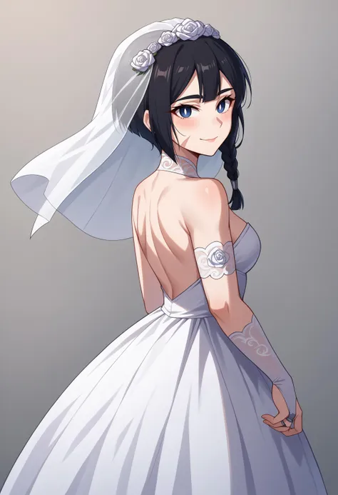 score_9, score_8_up, 1girl, solo, FVisions, blue eyes, white pupils, black hair, side braid, single braid, short hair, cheek scar, backless dress, bridal gauntlets, bridal veil, eyelashes, from side, looking at viewer, strapless dress, wedding dress, white dress, simple background, smile, blush, <lora:FVisionsPDXL_V1-Manityro-CAME:1>