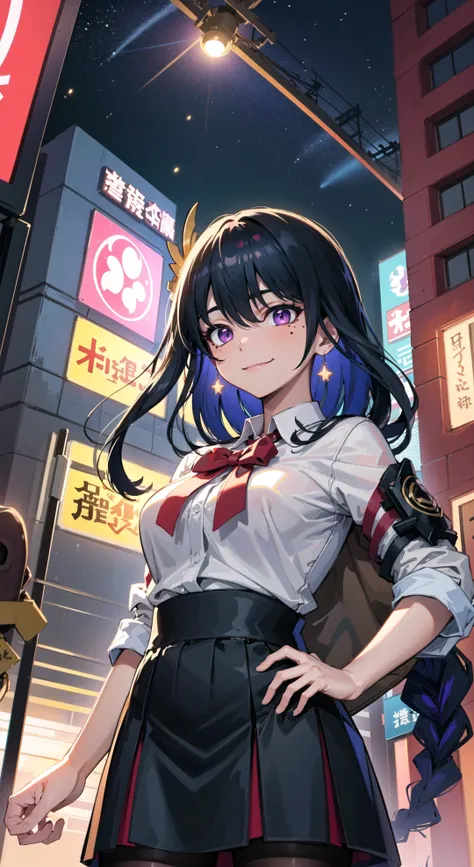 best quality, masterpiece, 1 Girl, <lora:raidenShogunLora_raidenShogun:0.8>, shogun raiden \(genshin impact\), Japanese School Uniform, Off Shoulder School Uniform, Red Bowtie, Earrings, Jewelry, (detailed clothes feature), detailed skin texture, Looking towards the Audience, Beautiful Eyes, Solo, ((Smiling)), outdoors, detailed background, (black hightights), (cute face, hyper detailed face:1.3, symmetry eyes), purple eyes, glowing eyes, (mole under eye:1.2), purple hair, braid, braided ponytail, long hair, hair between eyes, medium breast, best shadow, perfect shadow, seductive pose, cowboy shot, (dutch angle), ((from below)),
Volumetric Lighting, Brilliant Colorful Painting, Shallow Depth of Field, bridge, building, city, city_lights, cityscape, neon_lights, night, outdoors, real_world_location, road, scenery, sky, skyscraper, street, tokyo, architecture , east_asian_architecture , convenience_store, crosswalk, cyberpunk, shop, sign,
aurora, constellation, ferris_wheel, galaxy, light, light_particles, lights, milky_way, moon, night_sky, skyline,  space, star, starry_background, starry_sky, starry_sky_print,  twilight, window, neon_trim,  tower,  power lines,