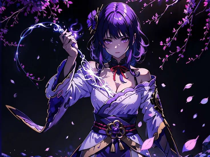 <lora:RaidenShogun-hands:0.6>,best quality,ultra high res,(photorealistic:1.4),extremely detailed CG unity 8k wallpaper,1girl,solo,valley,indian style,(purple thunder),(purple lightning),Flying purple petals,Purple light shines in his eyes,meditation,