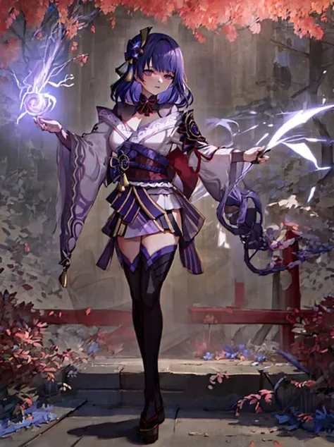 {{masterpiece, best quality}}, 1woman holding with a purple glowing katana, standing, japanese garden, sakura trees, night, fighting, solo, cinematic anime, 2d shading, extremely detailed wallpaper, lightning, full body, slimbody, medium breast, muscular thigh, natural color, perfect lighting, raiden \(genshin impact\), shrug \(clothing\), <lora:raidenShogunLora_raidenShogun:1> <lora:raidenShogunRealistic_raidenshogun:0.5>