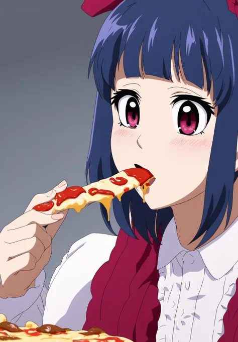 <lora:Ain_mask_loli:0.8>, Ain_mask, 1girl, solo, blush, short hair, holding, purple eyes, food, eating, holding food, pizza, anime coloring, holding pizza
