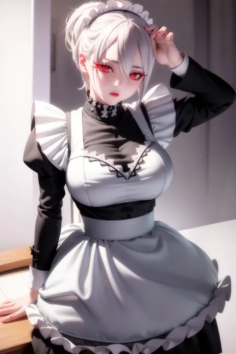 <lora:Char-Food_Wars-Alice_Nakiri-v1:0.8>, Alice_Nakiri, White hair, red eyes, (maid:1.3), (Masterpiece), (Best Quality), extremely detailed, intricate, hyper detailed, (perfect face), (realistic:1.5), photorealistic, (hyperrealistic:1.2), (specular lighting)