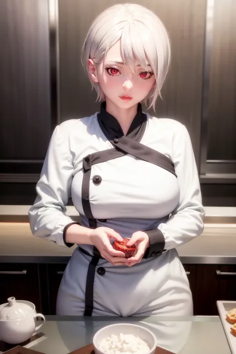 <lora:Char-Food_Wars-Alice_Nakiri-v1:0.7>, female, Alice Nakiri, food wars, white hair, short hair, red eyes, chef, kitchen, (Masterpiece), (Best Quality), extremely detailed, intricate, hyper detailed, (perfect face), (realistic:1.5), photorealistic, (hyperrealistic:1.2), (specular lighting), <lora:Style-Hi_Poly_3D_Model-V1:0.1>, <lora:Style-High_Key:0.3>