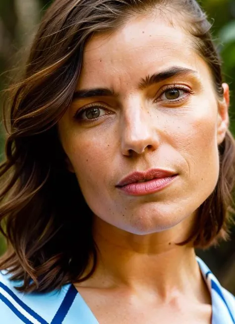 A stunning intricate color close up portrait of (sks woman:1) , wearing Wrap dress, epic character composition, sharp focus, natural lighting, subsurface scattering, f2, 35mm, film grain, , by Jimmy Nelson, <lora:locon_angelatrimbur_v1_from_v1_64_32:1>