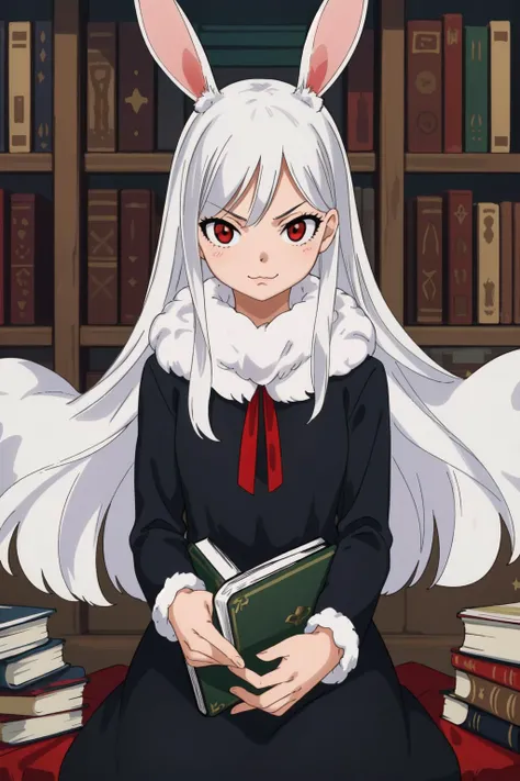 1girl, rabbit girl, white fur, furry, anthro, bunny ears,(red eyes:1.5),  (rabbit nose:1.3) whiskers, :3, petite, small breasts, white hair, braids, 
black dress, long dress, black cowl, cloak,  long sleeves, casting spell, (floating magic book:1.5)
uploaded on e621, anthro, nsfw, explicit, explict,  high res, (detailed realistic image:1.3), (detailed eyes, beautiful expressive eyes:1), impasto impressionism, insane details, soft, (hyper realistic fur:1.2), (detailed fur:1.3), pupils, (fur covered body:1.2), (expressive face, detailed face:1), (realistic:1), (photorealistic, photo-realistic:1),full color, (3d:1), (highly detailed:1.2), masterpiece, 8k uhd, (seductive, seductive smirk:1), (library background),(sitting in chair:1), (first person view), (white fur), candles, tables, bookshelves,
  <lora:gaston18Style_v10:0.8>