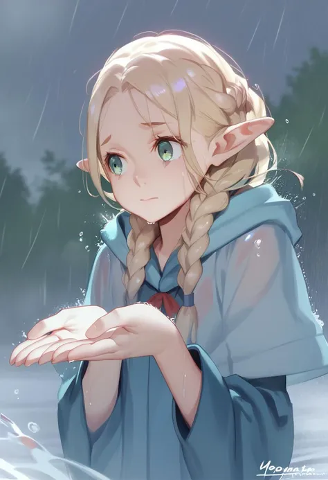 score_9, score_8_up, score_7_up, a girl drinking water from her hands, wariza, <lora:ka_style_xl_v2-000021:1>  <lora:Marcille:0.8> marcilledonato, blonde hair, braid,  cupping hands, rain, water drop,