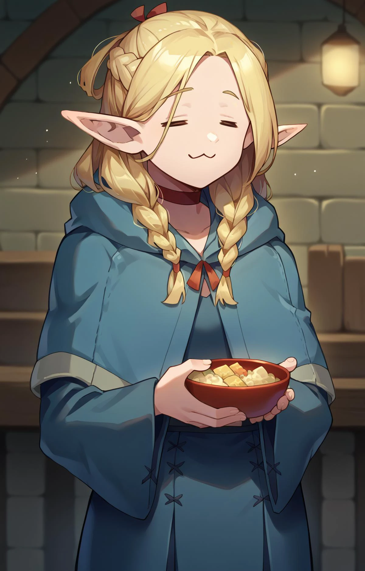 score_9, score_8_up, source_anime, 1girl, solo, w=, :3, = =, eyes closed, <lora:ChamElfExpressionPonyXL:1>, <lora:Marcille:1>, marcilledonato, robe, capelet, holding bowl of food, cowboy shot, 2d, from the front