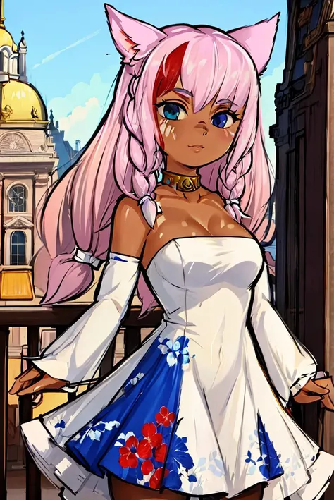 (masterpiece, best quality, beautiful detailed eyes, intricate details), 4k
1girl, solo, full boy, outdoors, city 
<lora:TayelleEbonclaw_V1-Manityro-prodigy:1> TayelleEbonclawManityro, heterochromia, facial mark, scar on nose, tail, (tan:1.3)
 <lora:WindWaker-10:0.7> black eyes, chibi, white dress, strapless dress, side cutout,