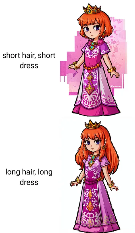 (masterpiece, best quality, beautiful detailed eyes, intricate details), 4k
1girl, solo, full body, white background, standing, short hair, short dress, mature female,
<lora:ShokoraWL41:0.8> ShokoraWL4, Crown,Jewelry,Earrings,Bracelet
<lora:WindWaker-10:0.7> black eyes, chibi