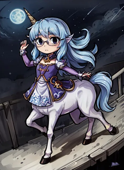 ((best quality)), ((highly detailed)), masterpiece, absurdres, (detailed eyes, deep eyes), <lora:more_details:.4>, (1girl), (glasses), dynamic pose, upper body, <lora:aiomonstergirls_loraLocon:1>, <lora:animeCentaur_v10:1>, (centaur), taur, centauroid, hooves, unicorn horn, 1horn, (at a stairway, midnight, night sky, stars, blue moon), <lora:WindWaker:.5>, black eyes, chibi