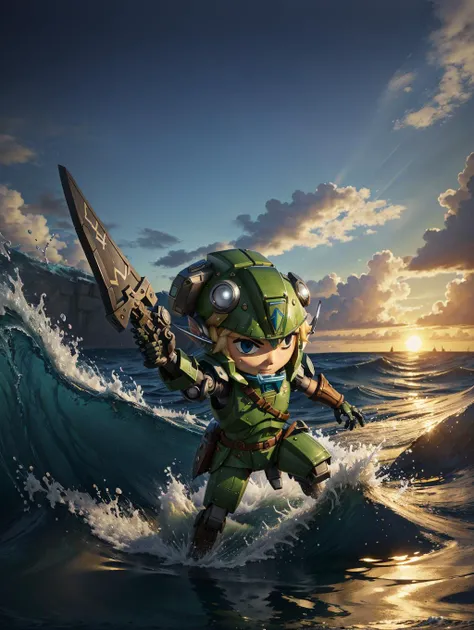Chibi Link from Legend of Zelda as a huge green allymech robot xmech in WindWaker style,
waist-deep in the ocean, waves, sea, dripping water, splashing, sunrays, sail on back, mecha helmet,
fcPortrait, highres, high resolution, detailed, soft glow,
<lora:LowRA:0.3> <lora:add_detail:0.3> <lora:WindWaker-01:0.9> <lora:allymech:0.5>