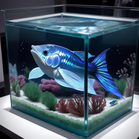 <lora:cubed_aquarium_v1:0.5>, cubed, in container, frame, water, aquarium, no_humans, fish, solo, long sleeves, dress, iridescent