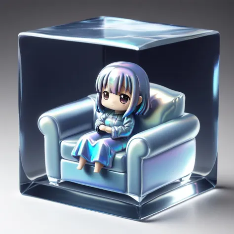 <lora:cubed_aquarium_v1:0.5>, cubed, frame, minigirl, iridescent, long sleeves, sofa, in container, ice cube, chibi, figure