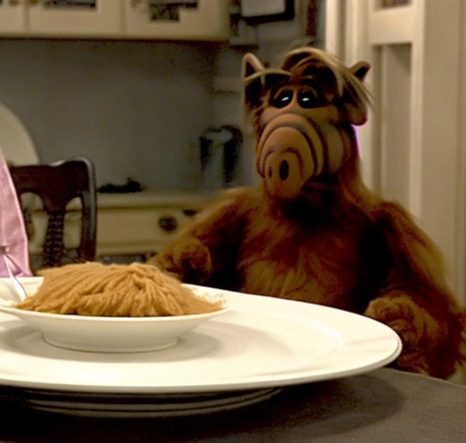 ((a kitting sitting on a dinner plate:1.2):1.1) in front of alf person who is sitting at the table.