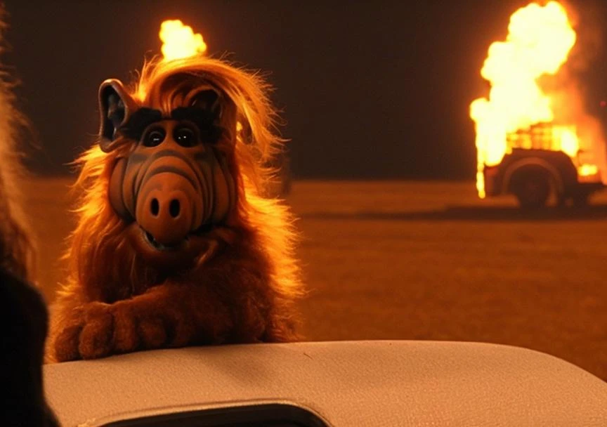 film scene with alf person in new science fiction horror film called 'Horns', (Dystopian farmland). ((cars are on fire)), intricate cinematography, directed by James Cameron. (Supermassive black hole:1.34)