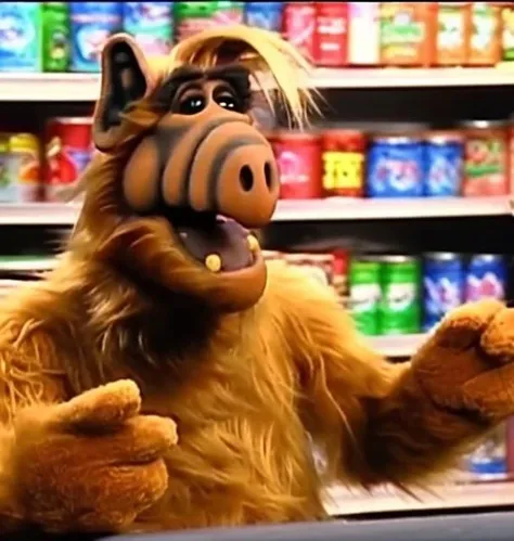 film scene with alf person from a new comedy .( laughing hysterically:1.2) (after a man at the grocery store slips and falls knocking over shelves of canned soup:1.14)