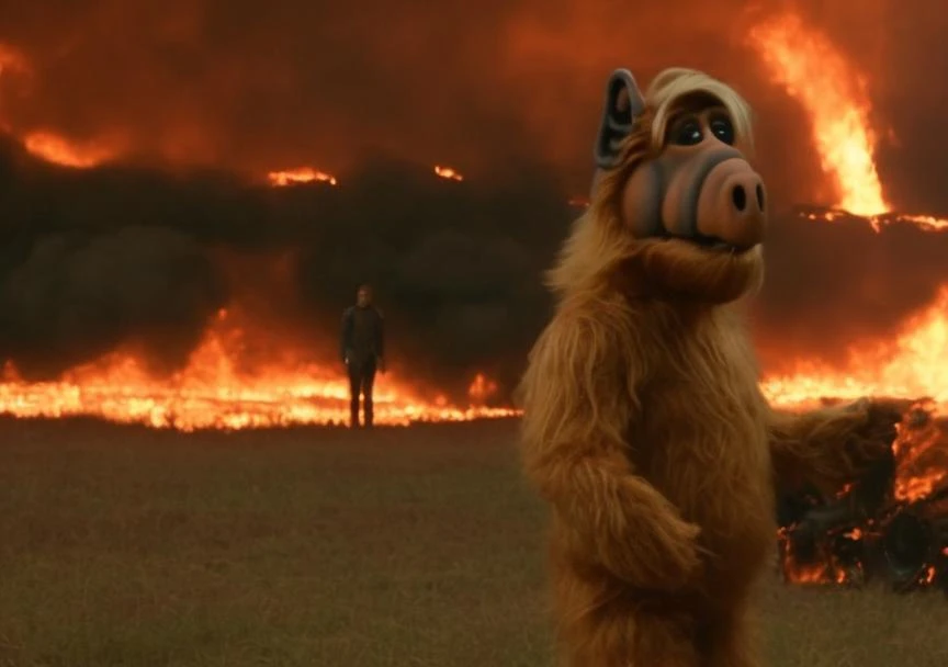 film scene with alf person in new science fiction horror film called 'Horns', (Dystopian farmland). ((cars are on fire)), intricate cinematography, directed by James Cameron. (Supermassive black hole:1.2)