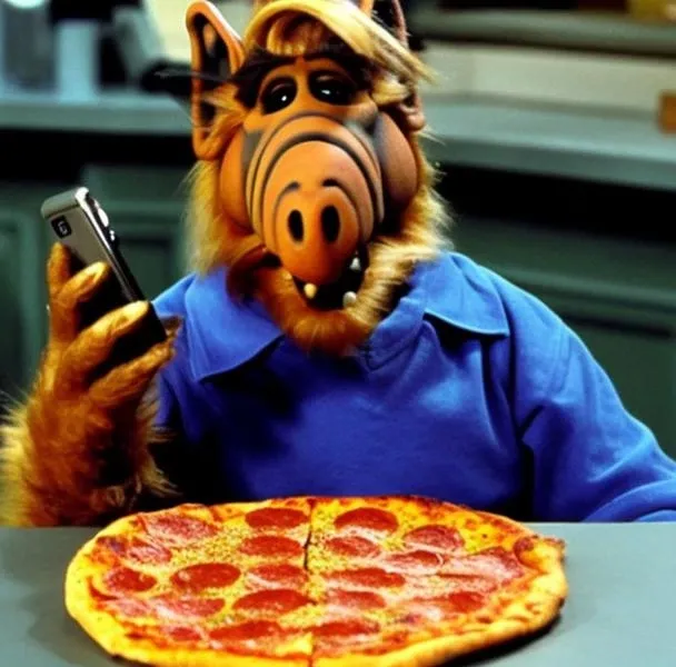 alf person using an( cell phone,iphone,:1.1) (to call a pizza place:1.27).