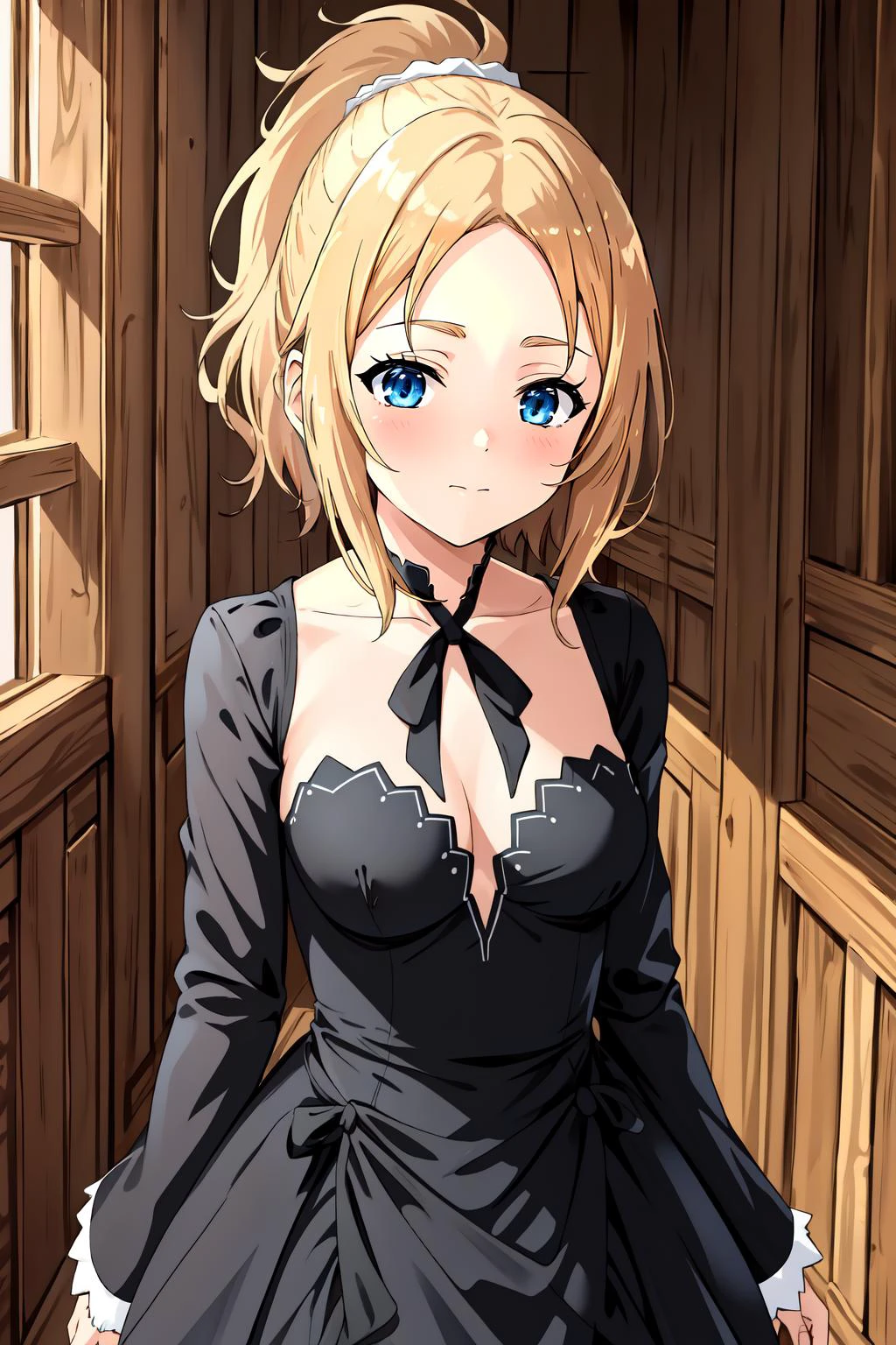 (masterpiece, best quality), intricate details,
1girl, <lora:Zenith_Greyrat__Mushoku_Tensei:0.8> zenith, blue eyes, blonde hair, , ponytail, short hair, parted bangs,
indoors, fantasy house, rustic, <lora:ShirokoBlackDressShrugV1:0.8> shrug \(clothing\), black dress, black choker