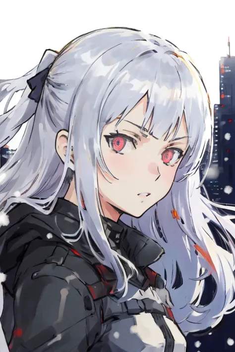 ak-12 \(girls' frontline\),masterpiece ,best quality,shinkawa youji, portrait,city,solo, snowing,serious, from side,looking at viewer, glowing eyes,