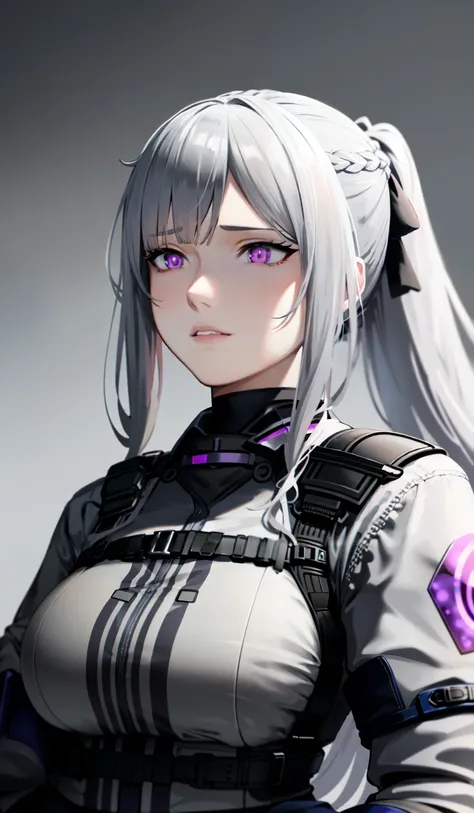 <lora:ak12GirlsFrontline_10:1>, ak-12 \(girls' frontline\), grey hair, french braid, purple eyes, artificial eye,