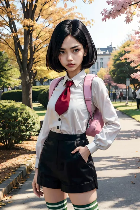 misako \(rcg\), pink eyes, black hair, white shirt, shirt tucked in, red necktie, long sleeves, black shorts, green thighhighs, pink backpack, looking at viewer, serious, frown,
standing, arms crossed, outside, park, trees, autumn, extreme detail, masterpiece, <lora:rcg_misako:.8>