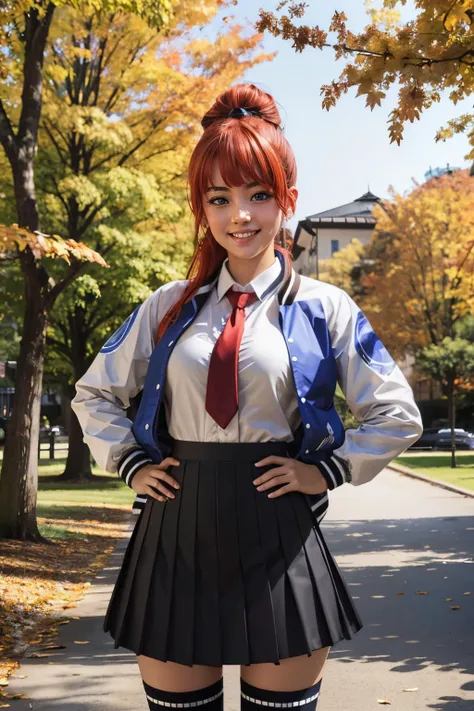 kyoko \(rcg\), blue eyes, red hair, letterman jacket, white shirt, red necktie, pleated skirt, kneehighs, looking at viewer, serious, smiling,
standing, hands on hips, outside, park, trees, autumn, extreme detail, masterpiece, <lora:rcg_kyoko:.8>