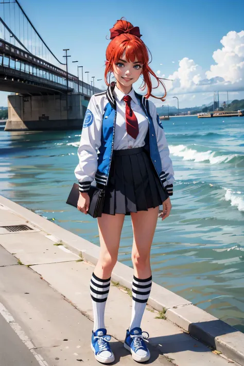 kyoko \(rcg\), letterman jacket, white shirt, red necktie, pleated skirt, kneehighs, blue sneakers, looking at viewer, serious, smiling,
standing, outside, city, bridge, ocean, blue sky, extreme detail, masterpiece,  <lora:rcg_kyoko:.8>