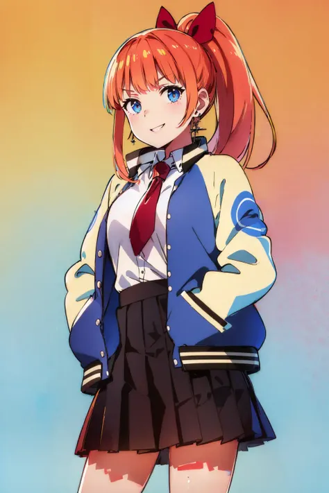 (masterpiece, best quality:1.2), <lora:rcg_kyoko-10:1>, cowboy shot, solo, 1girl, kyoko \(rcg\), smile, looking at viewer, hands in pockets, school uniform, letterman jacket, collared shirt, necktie, pleated skirt