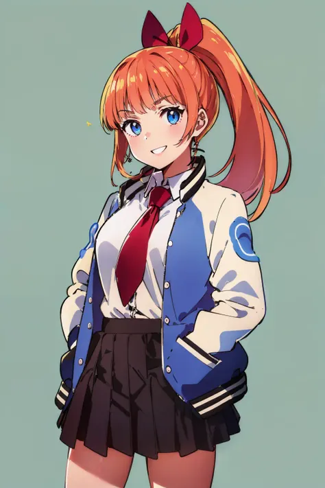 (masterpiece, best quality:1.2), <lora:rcg_kyoko-10:1>, cowboy shot, solo, 1girl, kyoko \(rcg\), smile, looking at viewer, hands in pockets, school uniform, letterman jacket, collared shirt, necktie, pleated skirt