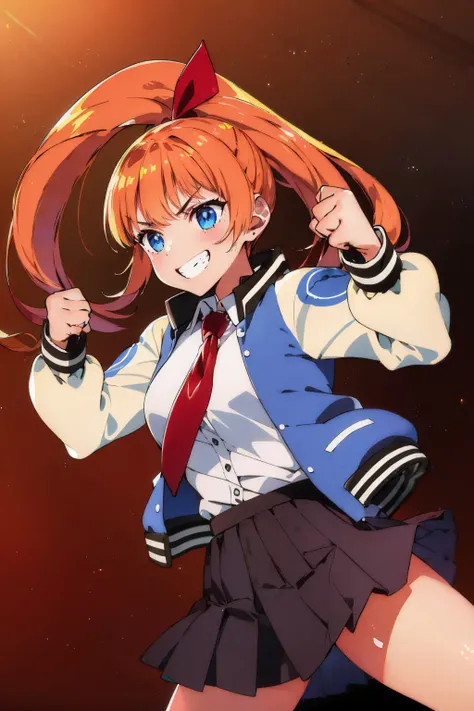 (masterpiece, best quality:1.2), <lora:rcg_kyoko-08:1>, cowboy shot, solo, 1girl, kyoko \(rcg\), grin, (fighting stance:1.2), school uniform, letterman jacket, collared shirt, necktie, pleated skirt