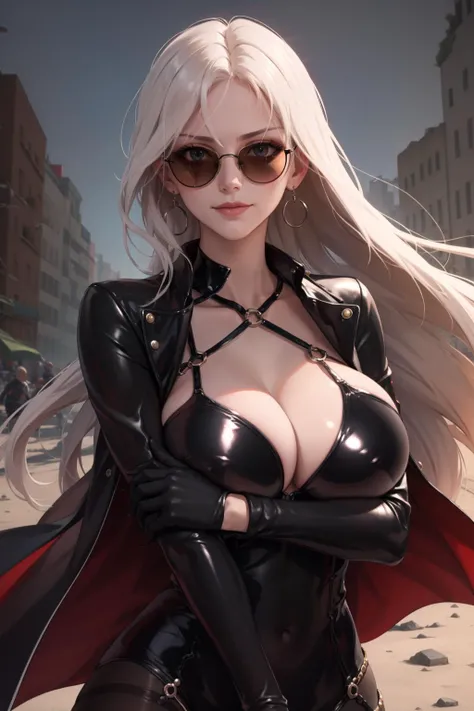 masterpiece, best quality, dnfSpectre, earrings, cleavage, black jacket, black leotard, pantyhose, black gloves, upper body, looking at viewer, sunglasses, smirk, night, ruined city, huge breasts, hand on own arm <lora:spectre-nvwls-v1-000010:0.9> <lora:concept_handonownarm-11:1>