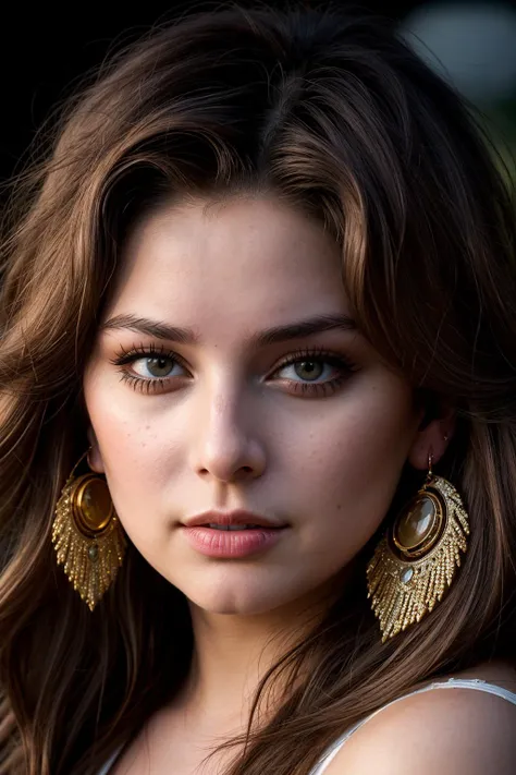 photo of (EPL3n4L0UU:0.99), a beautiful woman, closeup portrait, perfect hair, (modern photo, Glowing Moon Yellow cowboy western), 24mm, (analog, cinematic, film grain:1.3), (pattern, gradient:1.2), detailed eyes, (seductive pose), (epicPhoto), (looking at viewer), earrings