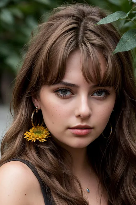photo of (EPL3n4L0UU:0.99), a beautiful woman, closeup portrait, perfect hair, (modern photo, Tortoise Shell Brown dress flower), 24mm, (analog, cinematic, film grain:1.3), (color palette, gradient:1.2), detailed eyes, (seductive pose), (epicPhoto), (looking at viewer), earrings