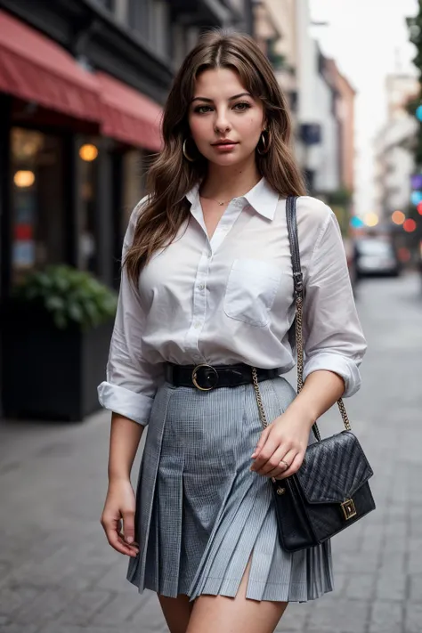 photo of (EPL3n4L0UU:0.99), a beautiful woman, closeup portrait, perfect hair, (modern photo, Light blue Striped collared shirt tucked into a pleated leather flared skirt, paired with ankle boots and a statement bag.), 24mm, (analog, cinematic, film grain:1.3), (image, gradient:1.2), detailed eyes, (seductive pose), (epicPhoto), (looking at viewer), earrings