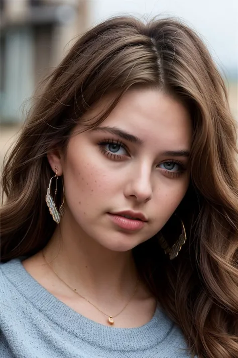 photo of (EPL3n4L0UU:0.99), a beautiful woman, closeup portrait, perfect hair, (modern photo, Pastel Blue sweater dress), 24mm, (analog, cinematic, film grain:1.3), (pattern, gradient:1.2), detailed eyes, (seductive pose), (epicPhoto), (looking at viewer), earrings