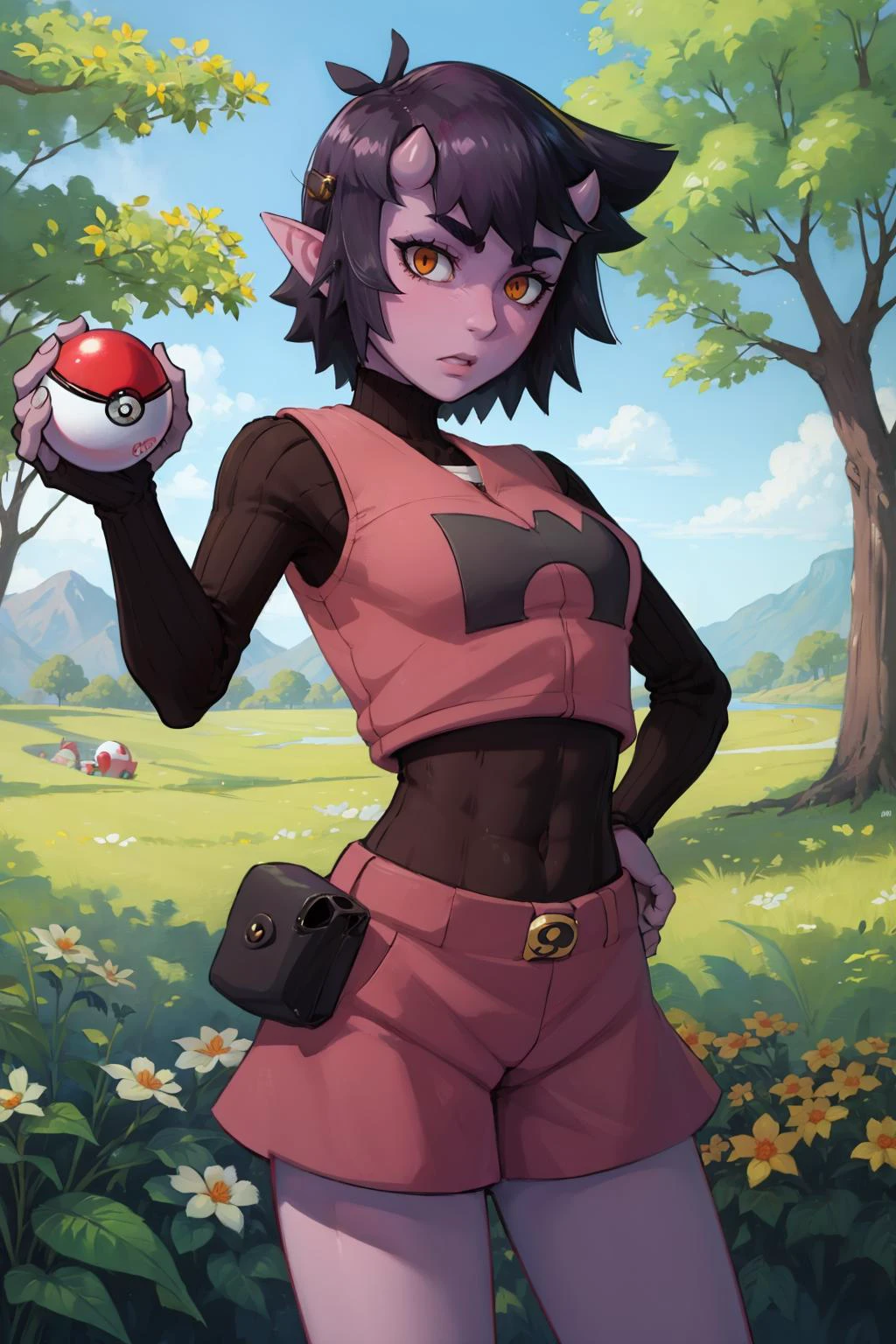 masterpiece, best quality, ume, oni, slit pupils, orange eyes, purple skin, tmgoutfit, looking at viewer, furrowed brow, field, trees, holding poke ball <lora:Ume_V1-mani:0.8> <lora:tmgoutfit-nvwls-v1-final:0.9>