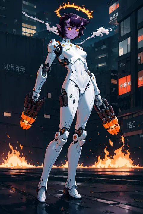 masterpiece, best quality, 1girl, solo, standing, <lora:Ume_V1-mani:1>, ume, oni, slit pupils, orange eyes, purple skin, dark skin,
mecha, white bodysuit, armored boots, mechanical arms, mechanical legs, fire, smoke, city, looking at viewer, smile, mechanical halo,