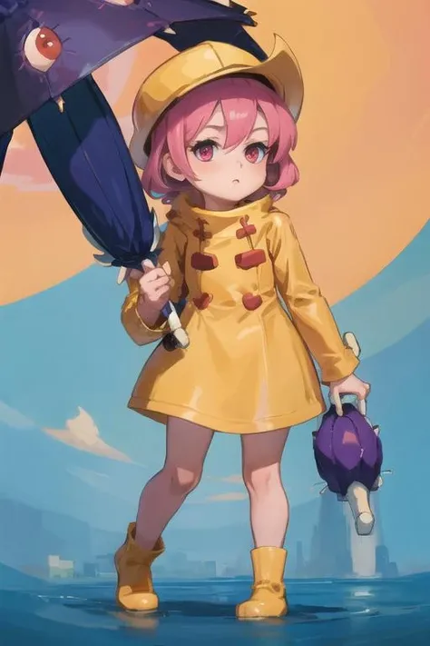 1girl, sgumb, looking at viewer, standing, child, holding umbrella <lora:umbrella-skg-000003:1>