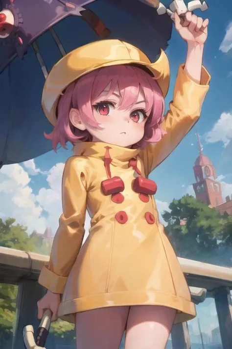 1girl, sgumb, looking at viewer, standing, child, holding umbrella <lora:umbrella-skg-000003:1>