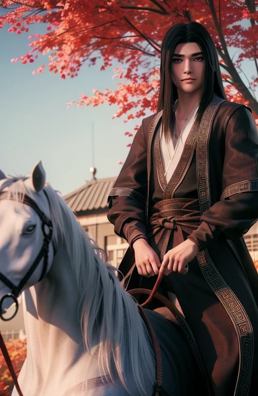 (day),a tree filled with red leaves in autumn,
a man riding on the back of a white horse
Black outfit,black jacket,
<lora:Sima_Yi_Ravages-KK77-V1:0.7>,realistic,
long hair,black hair,forehead,
1 man, 20yo,male,Beautiful Finger,Beautiful long legs,Beautiful body,Beautiful Nose,Beautiful character design, perfect eyes, perfect face,expressive eyes,perfect balance,
looking at viewer,
official art,extremely detailed CG unity 8k wallpaper, perfect lighting,Colorful, Bright_Front_face_Lighting,shiny skin,
(masterpiece:1.0),(best_quality:1.0), ultra high res,4K,ultra-detailed,
photography, 8K, HDR, highres, absurdres:1.2, Kodak portra 400, film grain, blurry background, bokeh:1.2, lens flare, (vibrant_color:1.2),professional photograph,