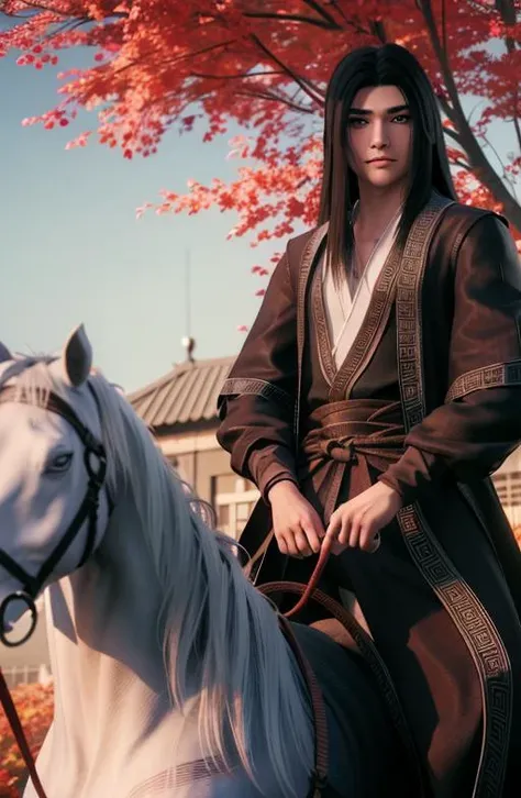 (day),a tree filled with red leaves in autumn,
a man riding on the back of a white horse
Black outfit,black jacket,
<lora:Sima_Yi_Ravages-KK77-V1:0.7>,realistic,
long hair,black hair,forehead,
1 man, 20yo,male,Beautiful Finger,Beautiful long legs,Beautiful body,Beautiful Nose,Beautiful character design, perfect eyes, perfect face,expressive eyes,perfect balance,
looking at viewer,
official art,extremely detailed CG unity 8k wallpaper, perfect lighting,Colorful, Bright_Front_face_Lighting,shiny skin,
(masterpiece:1.0),(best_quality:1.0), ultra high res,4K,ultra-detailed,
photography, 8K, HDR, highres, absurdres:1.2, Kodak portra 400, film grain, blurry background, bokeh:1.2, lens flare, (vibrant_color:1.2),professional photograph,