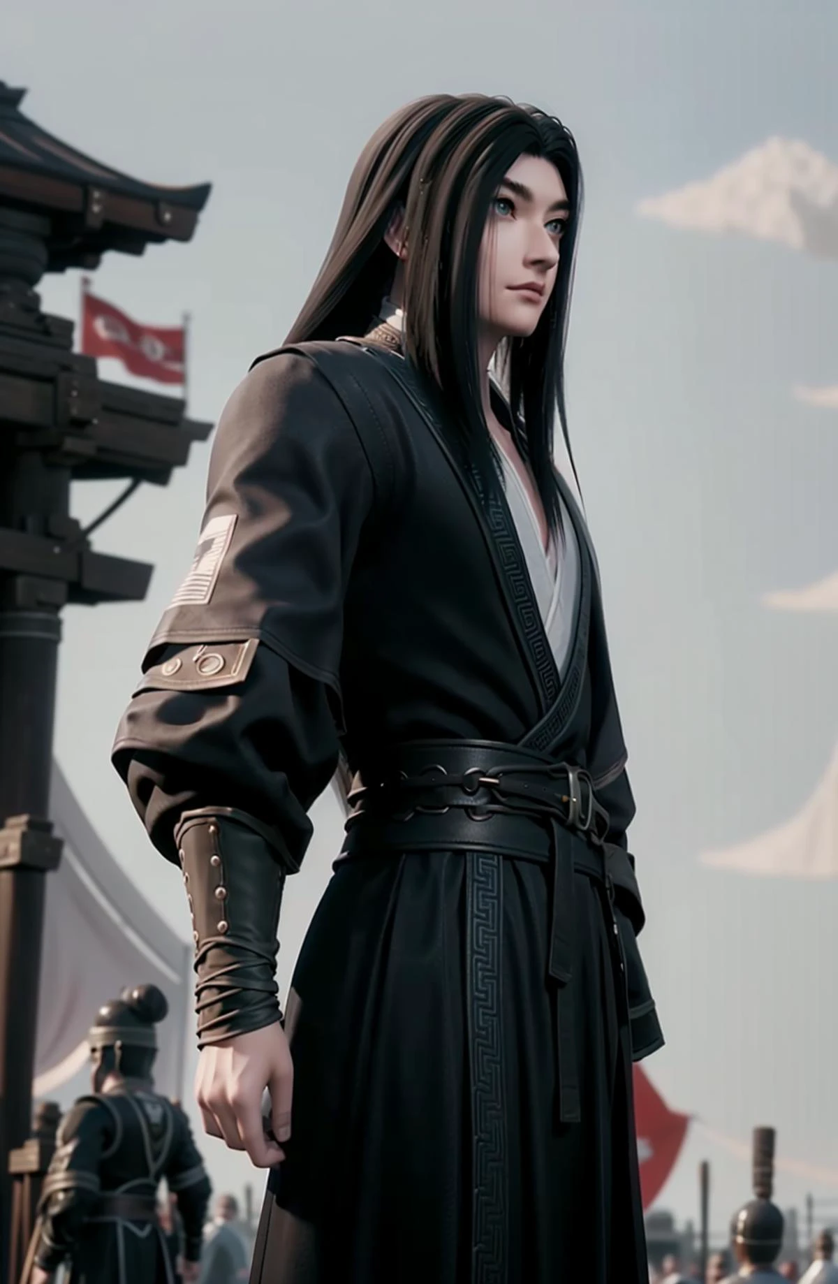 Sunset, standing in front of a group of people in armor standing in a field with flags in the background,a line of red flags and a building,
standing at attention,
Black outfit,black jacket,
<lora:Sima_Yi_Ravages-KK77-V1:0.7>,realistic,
long hair,black hair,forehead,
<lora:Dragon_Conquerors_Blade-KK77-V1:0.3>,,<lora:more_details:0.1>,
1 man, 20yo,male,Beautiful Finger,Beautiful long legs,Beautiful body,Beautiful Nose,Beautiful character design, perfect eyes, perfect face,expressive eyes,perfect balance,
looking at viewer,
official art,extremely detailed CG unity 8k wallpaper, perfect lighting,Colorful, Bright_Front_face_Lighting,shiny skin,
(masterpiece:1.0),(best_quality:1.0), ultra high res,4K,ultra-detailed,
photography, 8K, HDR, highres, absurdres:1.2, Kodak portra 400, film grain, blurry background, bokeh:1.2, lens flare, (vibrant_color:1.2),professional photograph,