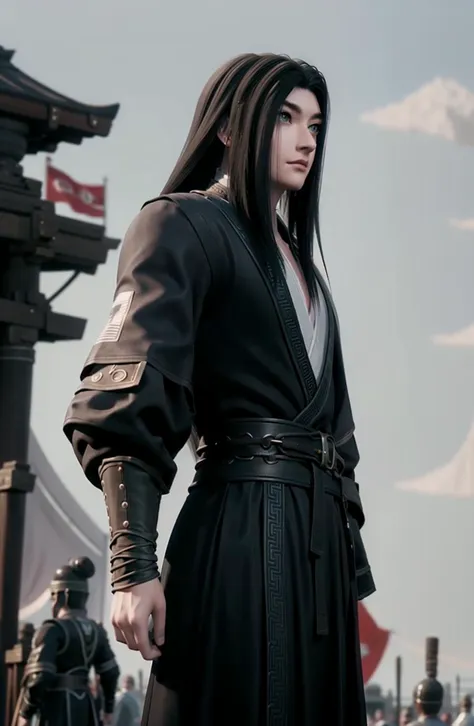 Sunset, standing in front of a group of people in armor standing in a field with flags in the background,a line of red flags and a building,
standing at attention, 
Black outfit,black jacket,
<lora:Sima_Yi_Ravages-KK77-V1:0.7>,realistic,
long hair,black hair,forehead,
<lora:Dragon_Conquerors_Blade-KK77-V1:0.3>,,<lora:more_details:0.1>,
1 man, 20yo,male,Beautiful Finger,Beautiful long legs,Beautiful body,Beautiful Nose,Beautiful character design, perfect eyes, perfect face,expressive eyes,perfect balance,
looking at viewer,
official art,extremely detailed CG unity 8k wallpaper, perfect lighting,Colorful, Bright_Front_face_Lighting,shiny skin, 
(masterpiece:1.0),(best_quality:1.0), ultra high res,4K,ultra-detailed,
photography, 8K, HDR, highres, absurdres:1.2, Kodak portra 400, film grain, blurry background, bokeh:1.2, lens flare, (vibrant_color:1.2),professional photograph,